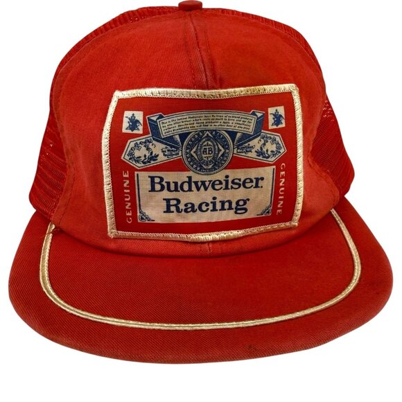 Budweiser Other - VTG Genuine Budweiser Racing Trucker Hat Red Mesh Snapback Patch Flat Bill USA